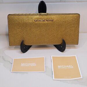 NWT Michael Kors Gold Jet Set Travel Flat Slim Bifold Wallet